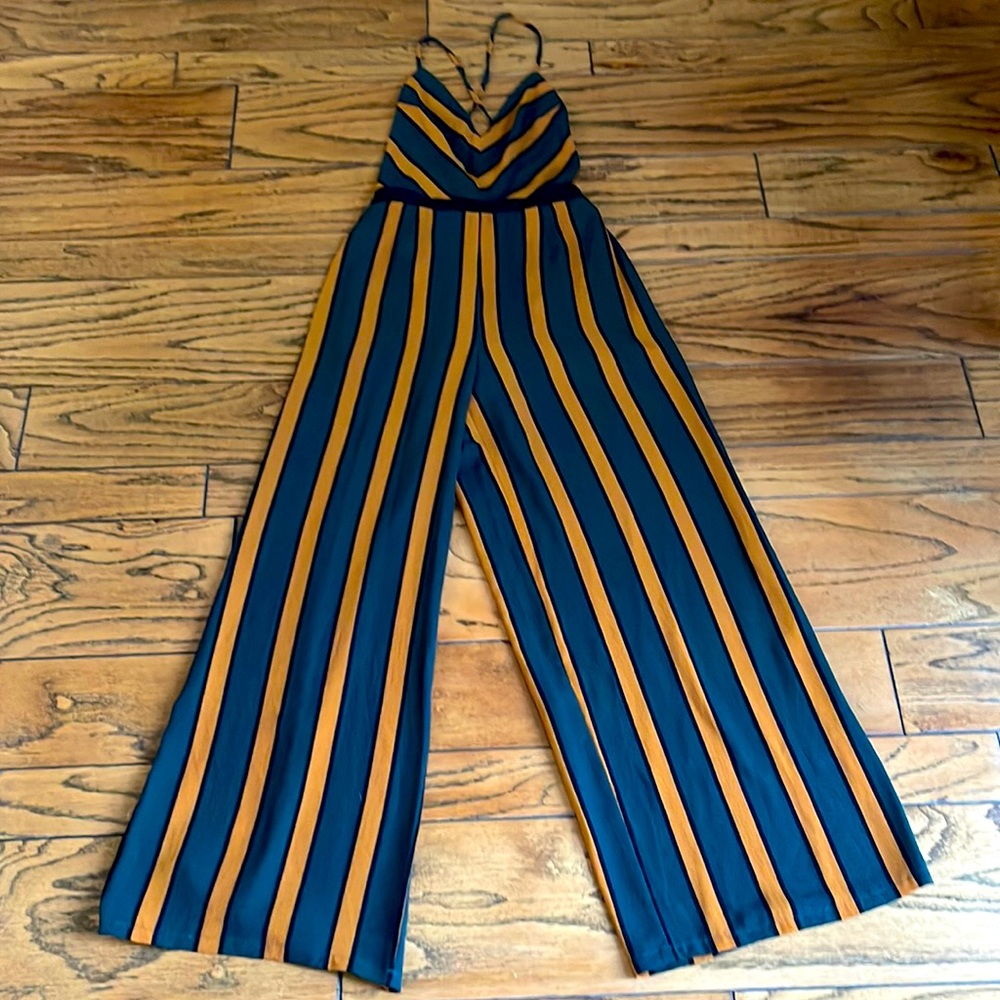 Favlux long pant jumpsuit. Green and copper/goldish stripes